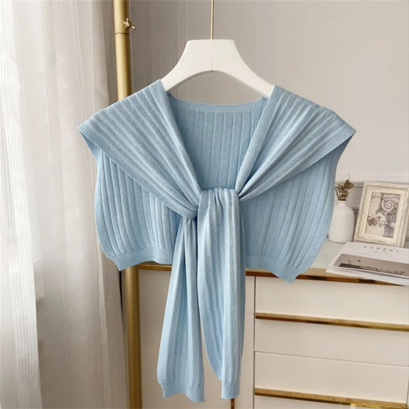 

Autumn Knitted Retro Shawl Women's Outer Wear Foreign Style Cloak Waistcoat Blouse Solid Color Knotted Fake Collar 2024 New