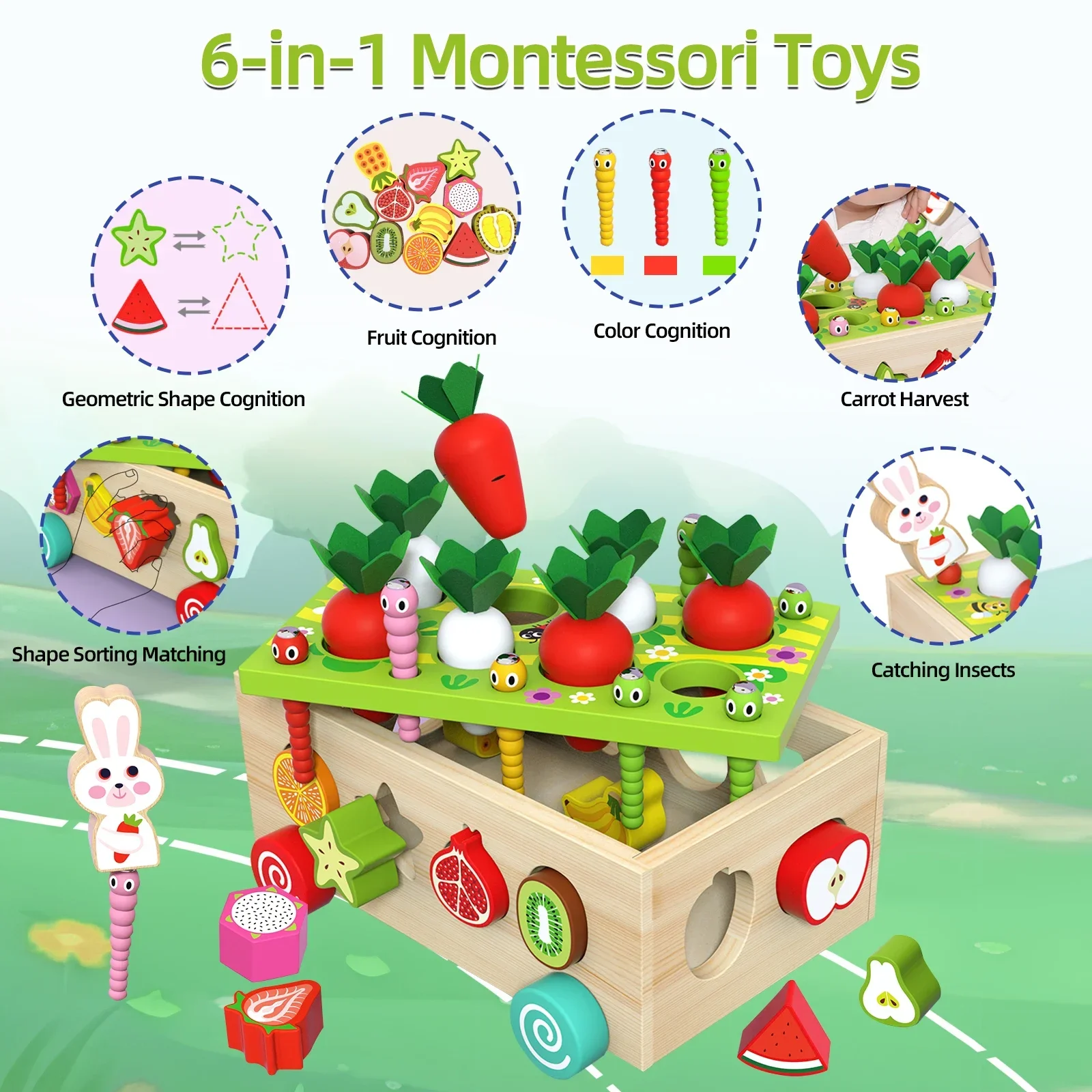 6-In-1 Kids Wooden Shape Assortment Matching Toys Carrot Fruit Game Cart Montessori Toys Puzzle Educational Baby Building Blocks 3