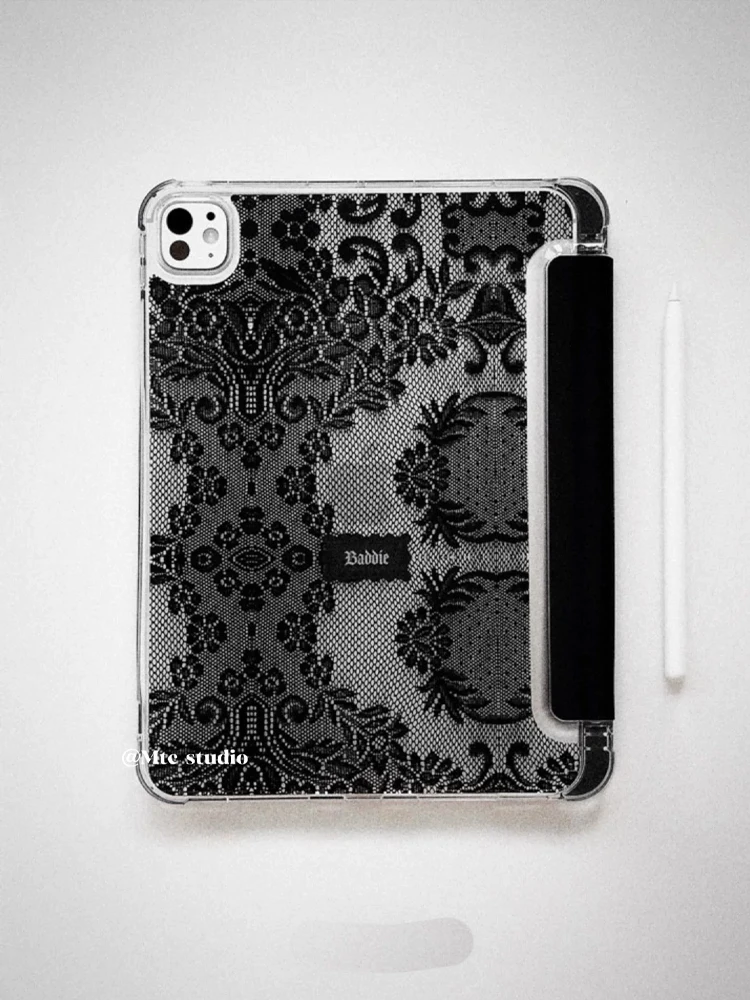 Elegant White Lace Tri-fold Case with Pen Holder