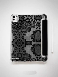 Elegant White Lace Tri - fold Case with Pen Holder - IPadAir3 10.5in (Black)