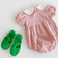 2024 Toddler Baby Girls Rompers Embroidery Bodysuit Girls Jumpsuits Princess Girls Pink Grid Rompers Toddler Summer Clothing 3
