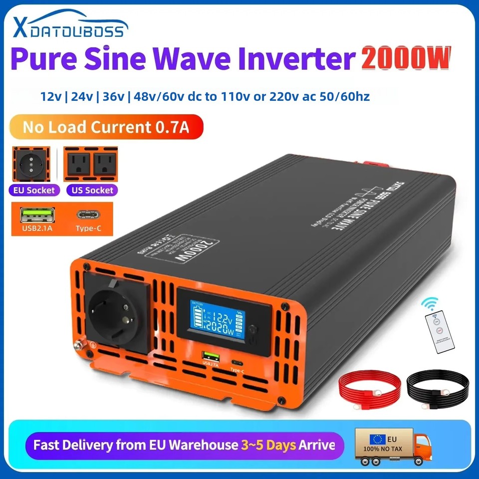DATOUBOSS PSW Inverter 12v 220v 2000w DC 12V 24V 36V 48V 60V to AC 110V-220V Peak Power 4000W Internal Heat Dissipation TypeC
