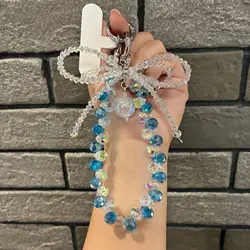 Elegant Beaded Bracelet with Bowknot Charm Wristlet Keychain Accessory (Blue)