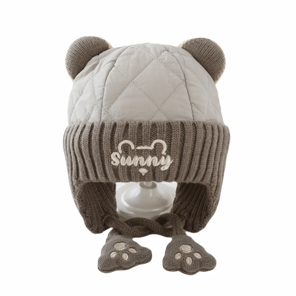 New Cartoon Bear Pullover Cap Warm Coldproof Ear Protection Hat Windproof Pompom Knitted Cap Kids