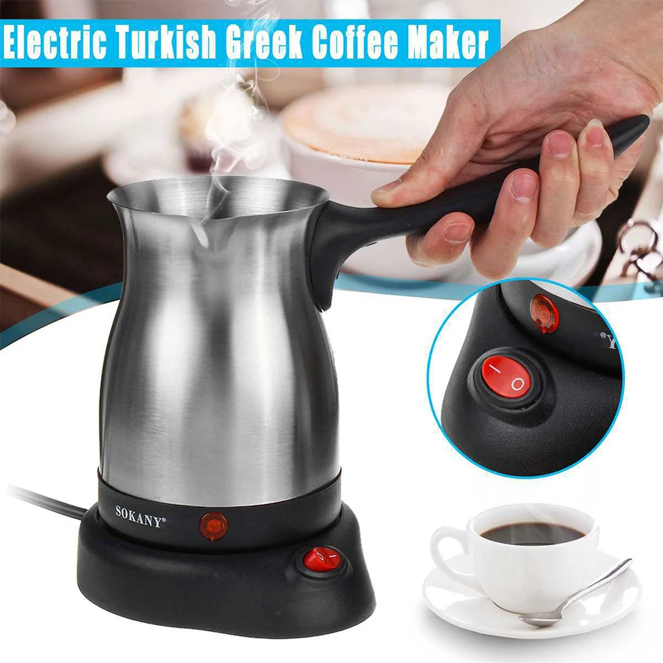 Alpine Cuisine Arabic, Greek, & Turkish Electric Coffee Maker Machine Pot  Warmer Kettle Premium Quality Stainless Steel 0.3 L, 4 Cup Capacity Cool  Touch Handle Cordless Base (Foldable Handle, Travel Size)