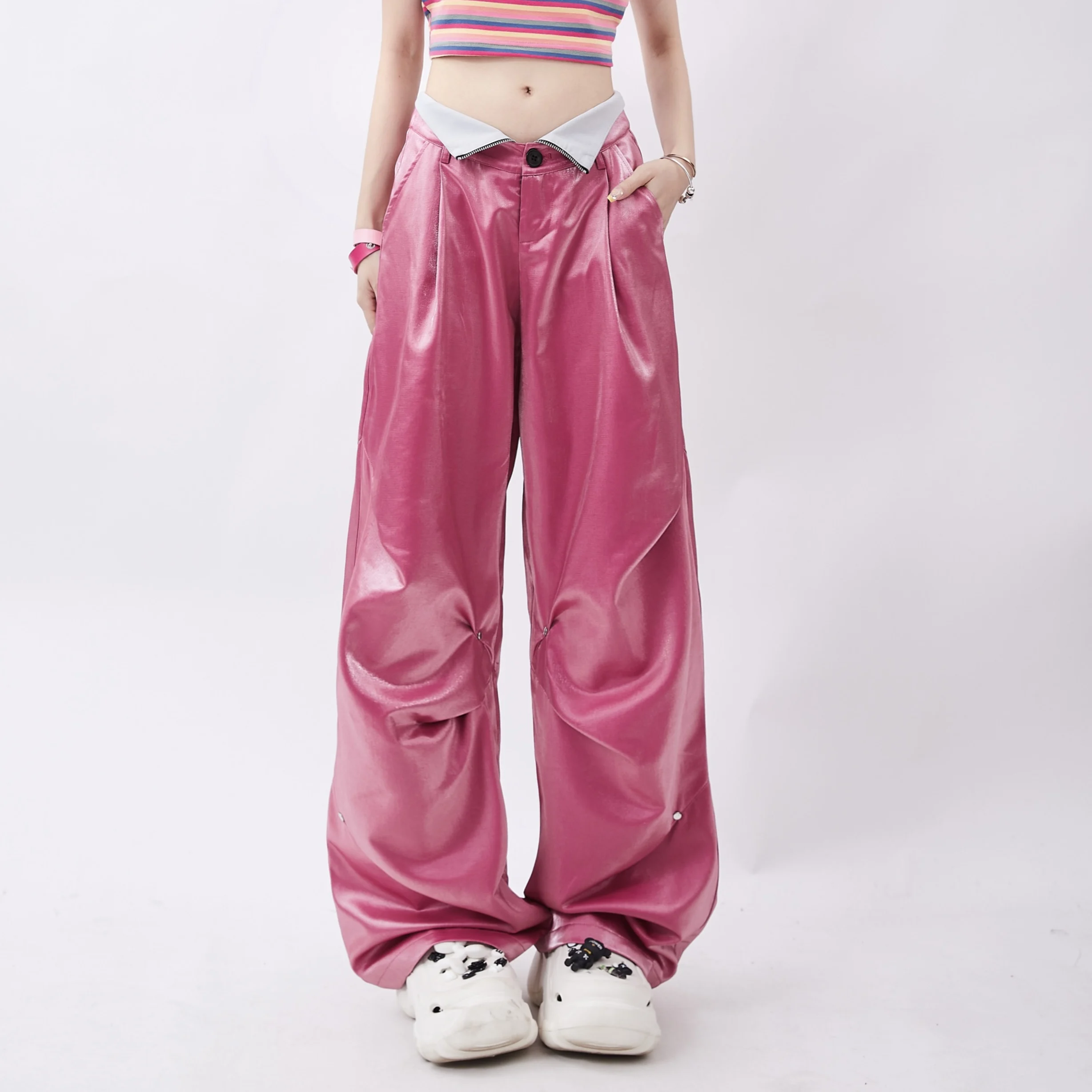 Korean Fashion Girly Sweet Elegant Trousers Summer Double Waist Two Wear Straight Casual Pants Loose Slim Women Mop Pants