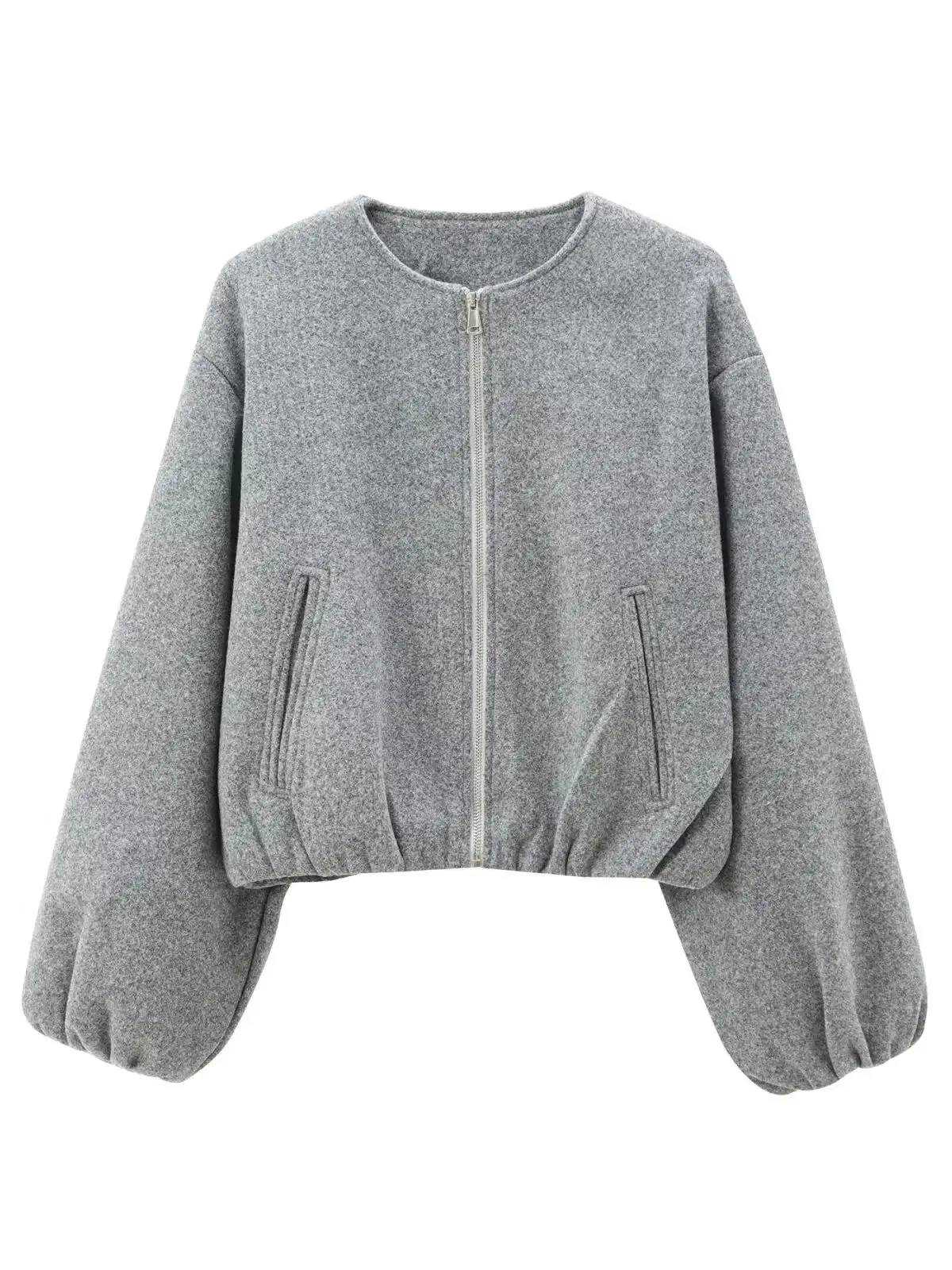 XNWMNZ 2024 Women\'s Fashion Autumn/Winter Soft Bomber Jacket Women Retro Round Neck Long Sleeve Elastic Hem Zipper Female Coat 3