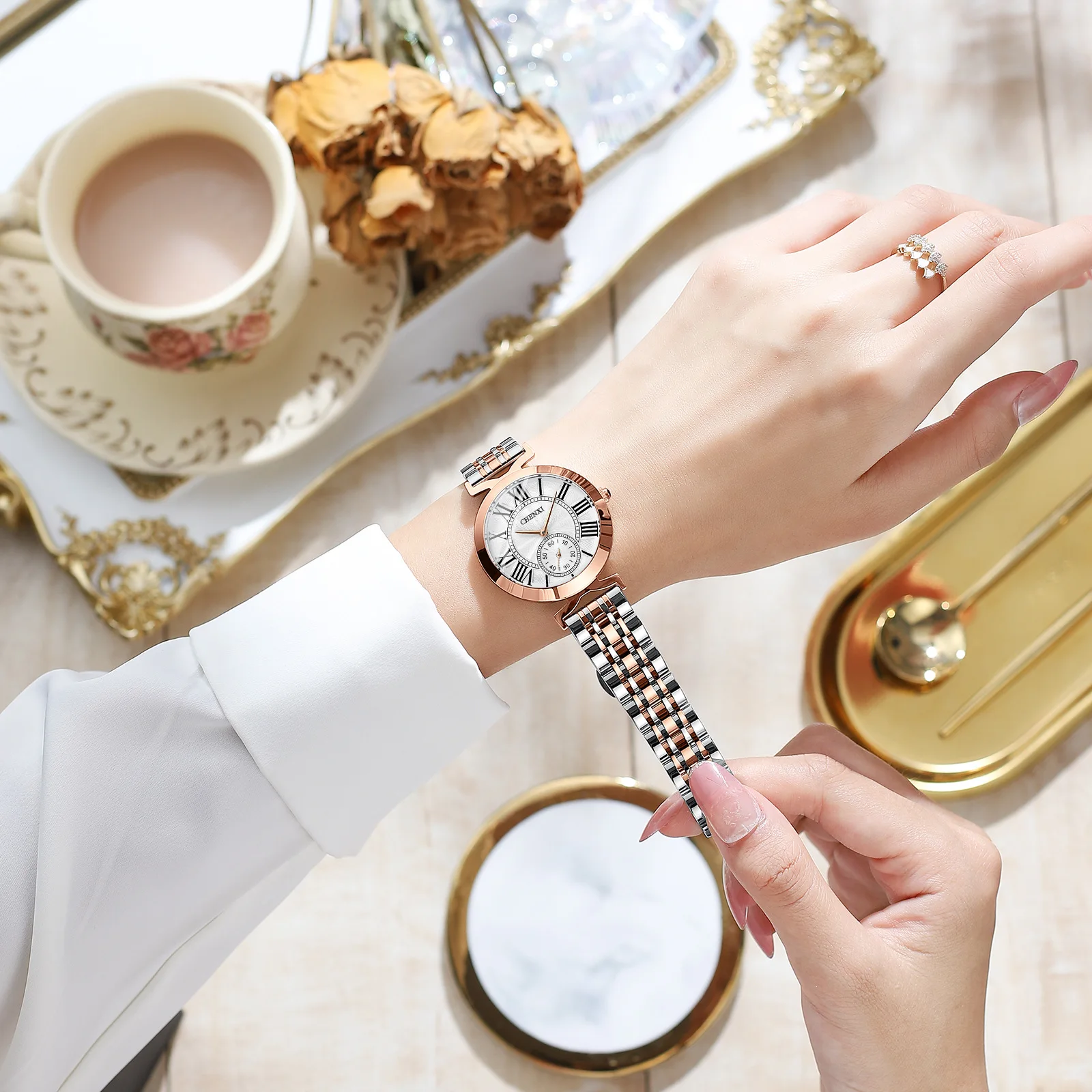 CHENXI Roman Design Rose Gold Fashion Women's Watch Solid Steel Belt Waterproof Quartz Watch