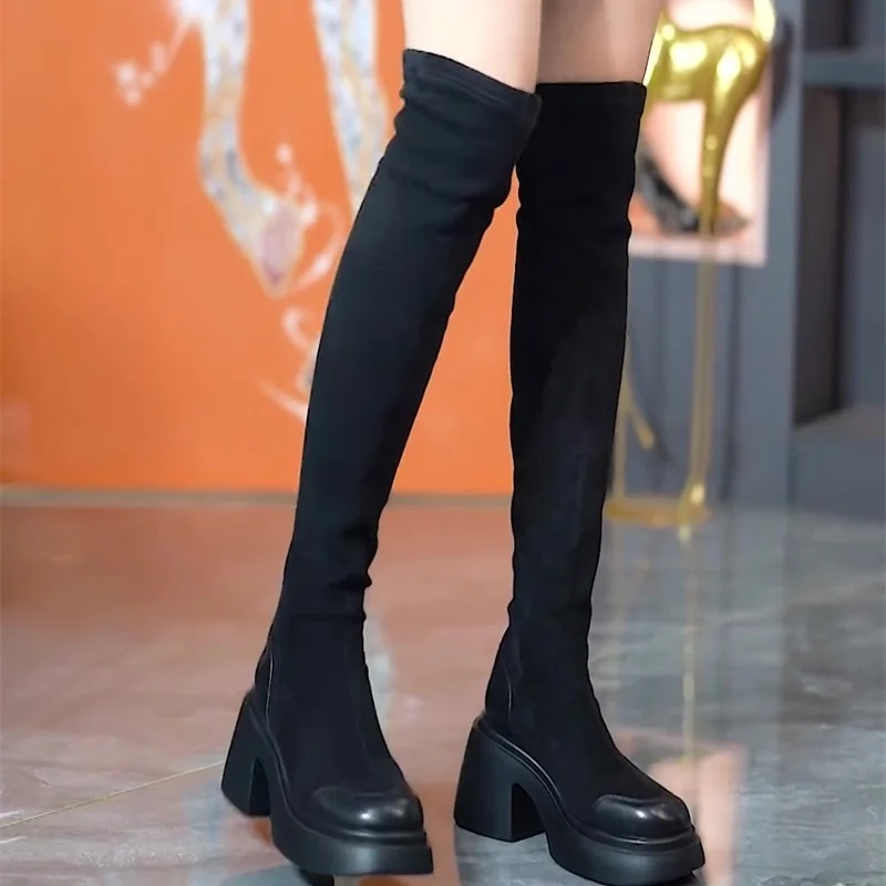 

Elegant Slim-Fit Thigh-High Women's Skinny Autumn and Winter round Head Thick Bottom Increased Feet Length over-the-Knee Boots