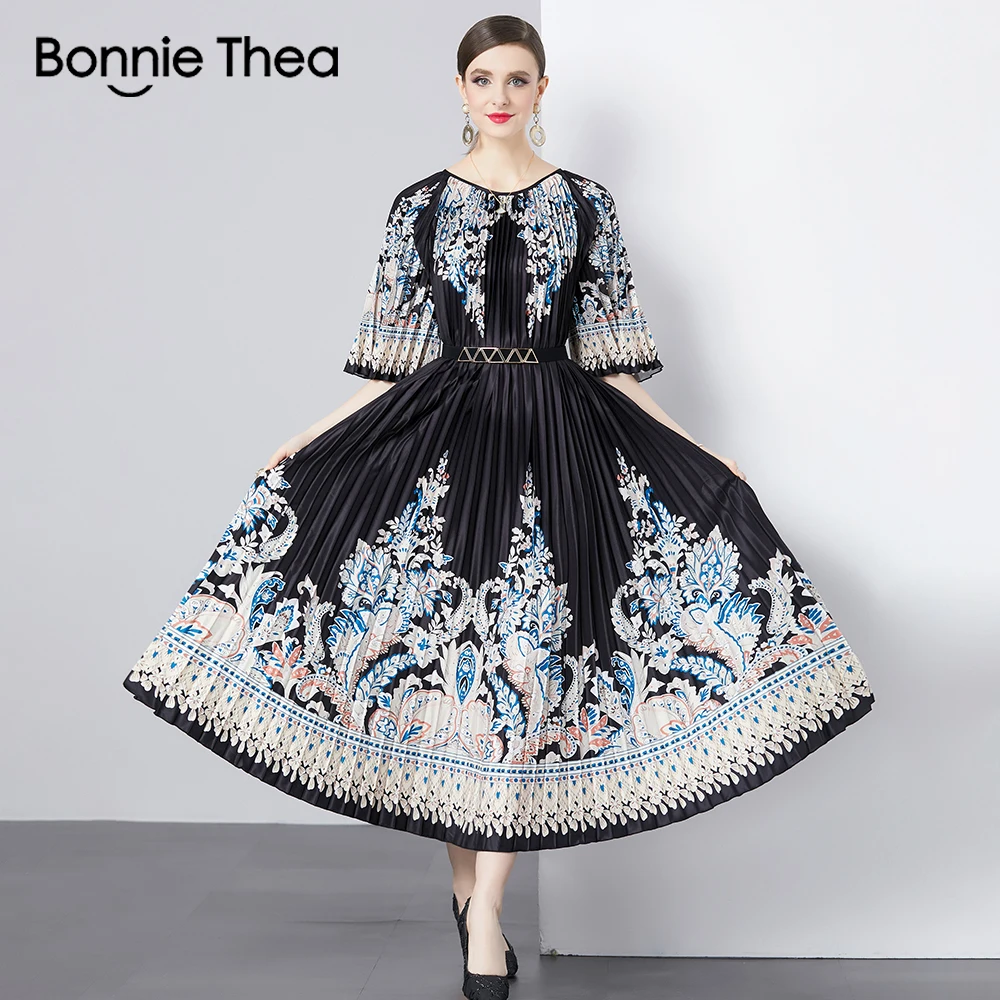 

Женское плиссированное платье миаке, летнее элегантное длинное платье с круглым вырезом, поясом и принтом, свободное винтажное платье большого размера, юбка макси