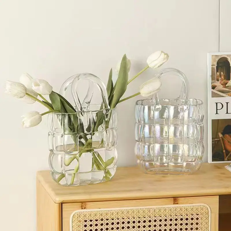 Purse Vase Handbag Vase Clear Wide Mouth Glass Bag Flower Pot Aquatic Plant Fish Tank Garden Office Wedding Home Table Decor