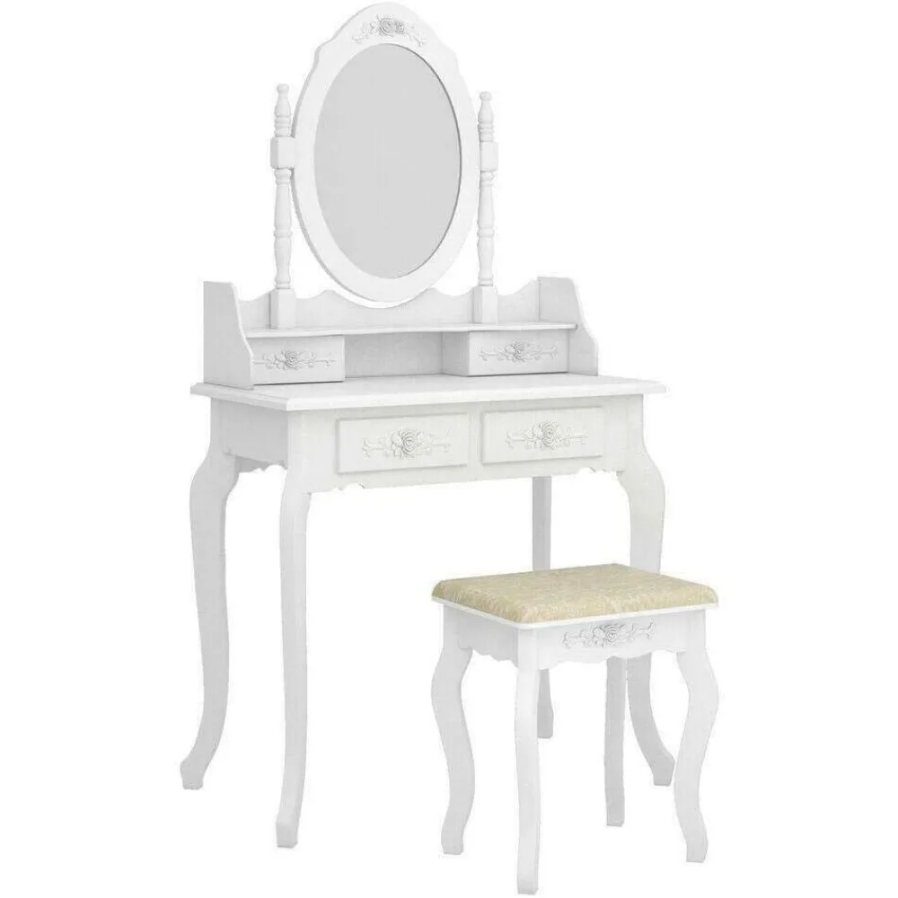 White Vanity Jewelry Makeup Dressing Table Set W/Stool 4 Drawer Mirror Wood Desk Wood, Pine Wood