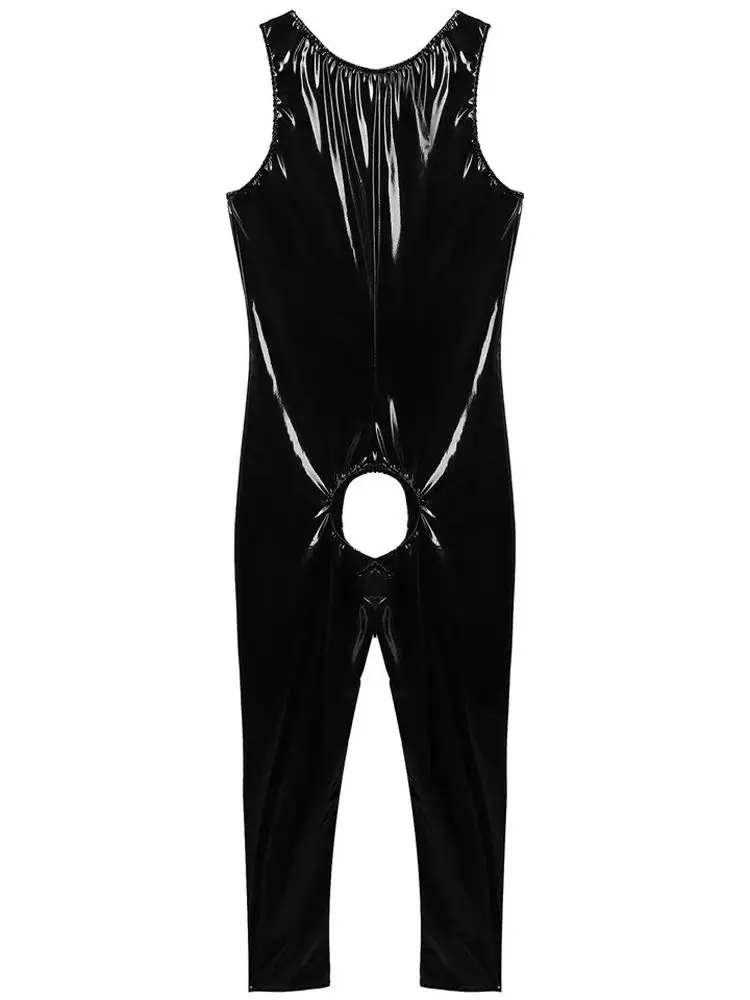 S-7XL Sleeveless Wet Look PVC Catsuit Shiny PU Leather Open Crotch Bodysuit Tights Sexy Leotard Conjoined Hot Shapers Jumpsuit Cosplay Costume Latex Lingerie Women Bondage Lingerie