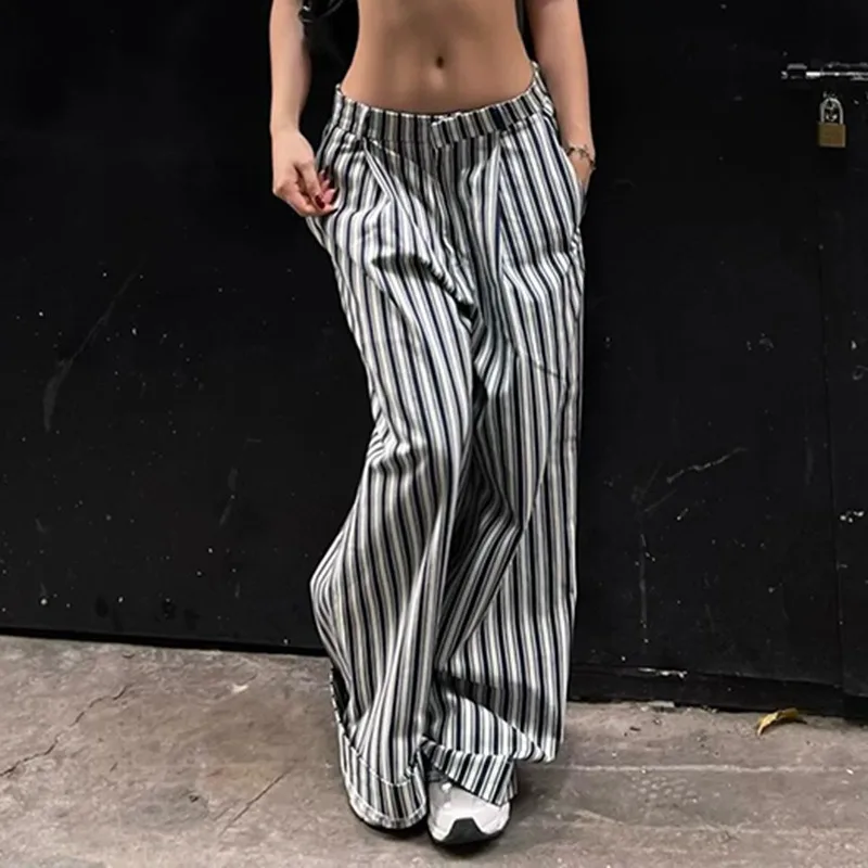 Women's Fashion Retro Stripe Printed Low Waist Loose Casual Suit Pants 2024 Sexy Spicy Girl New Women Draping Straight Trousers
