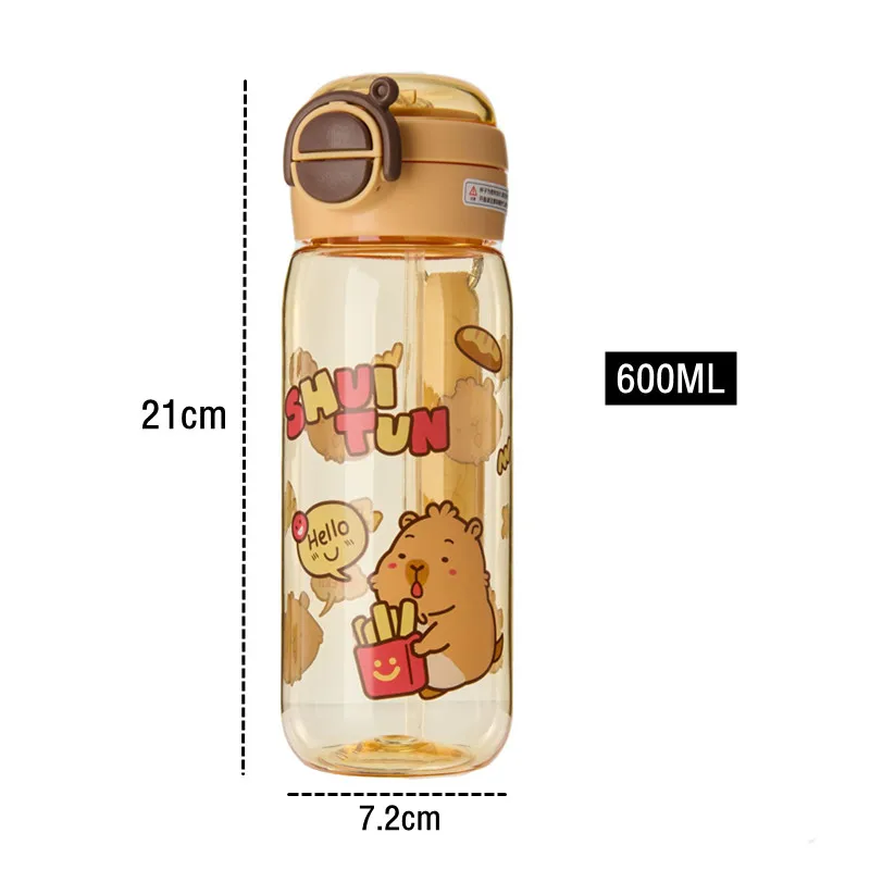 600ml High Quality Cartoon Plastic Water Bottle With Straw BPA Free Leak-Proof Durable Unbreakable Kids Drinking Bottle