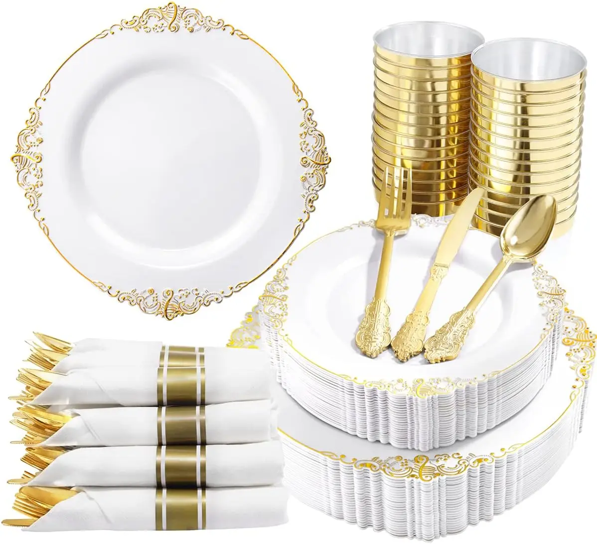 350PCS Gold Plastic Plates-Disposable Dinnerware Plates and Pre Rolled Napkins with Plastic Cutlery Party(Heavyweight)