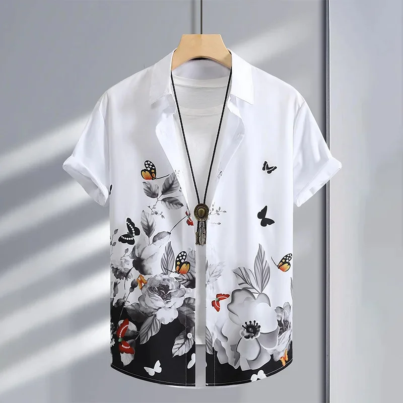 thumbnail image 1 of Camisa hawaiana con estampado retro de flores y empalmes para hombre, blusas de manga corta con botones y solapa, estilo hawaiano, para verano, 1 of 5