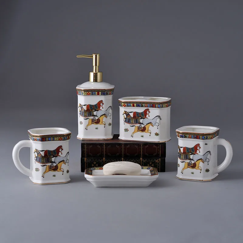 Bathroom Accessories 5 Pcs Set Ceramic Soap Dispenser & Dish Toothbrush Holder Rack Gargle Cup Horse Finish Luxury Wedding Gifts
