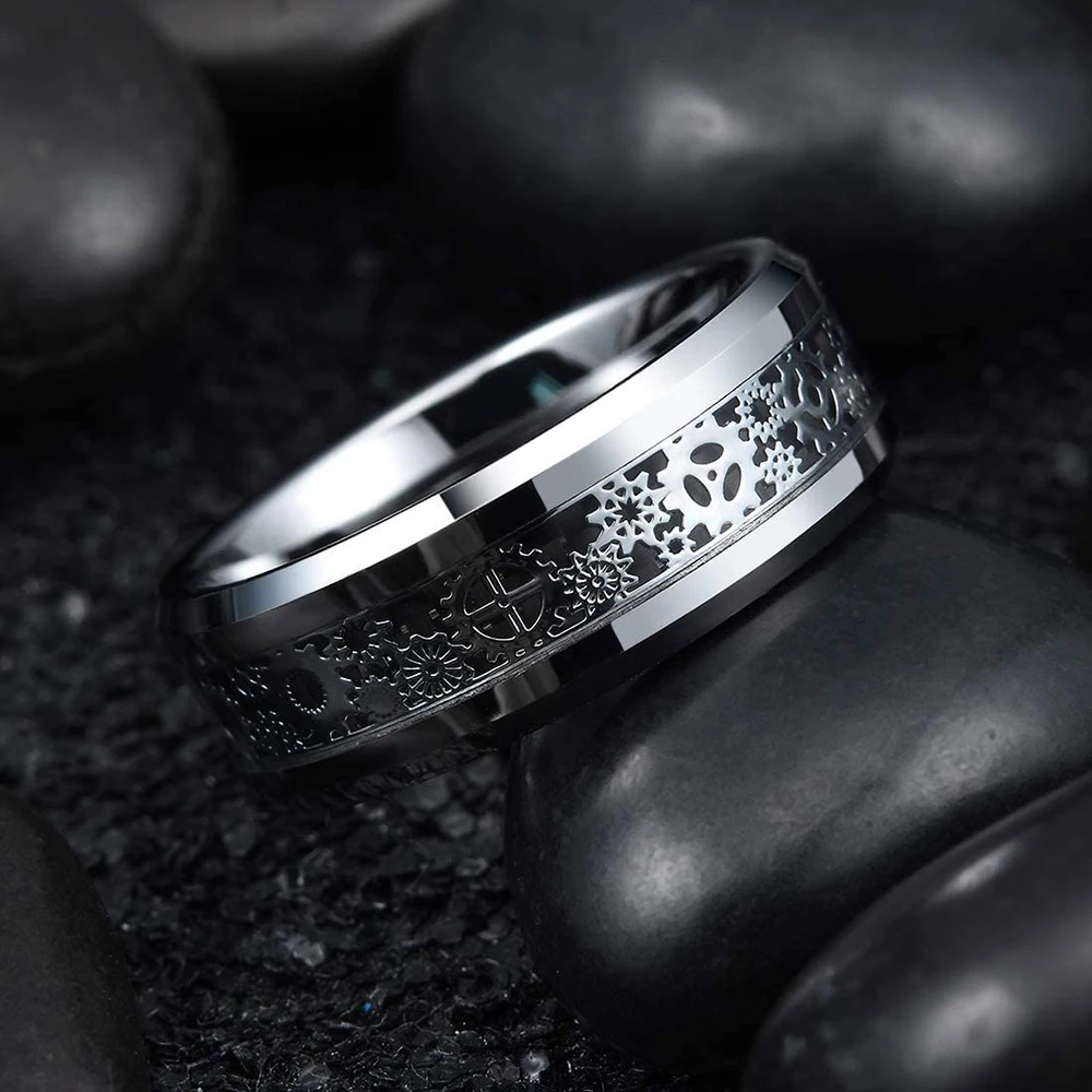 Vintage Men Steampunk Gear Wheel Stainless Steel Ring Silver Color Celtic Dragon Inlay Black Carbon Fiber Ring Mens Wedding Band jewelry rings