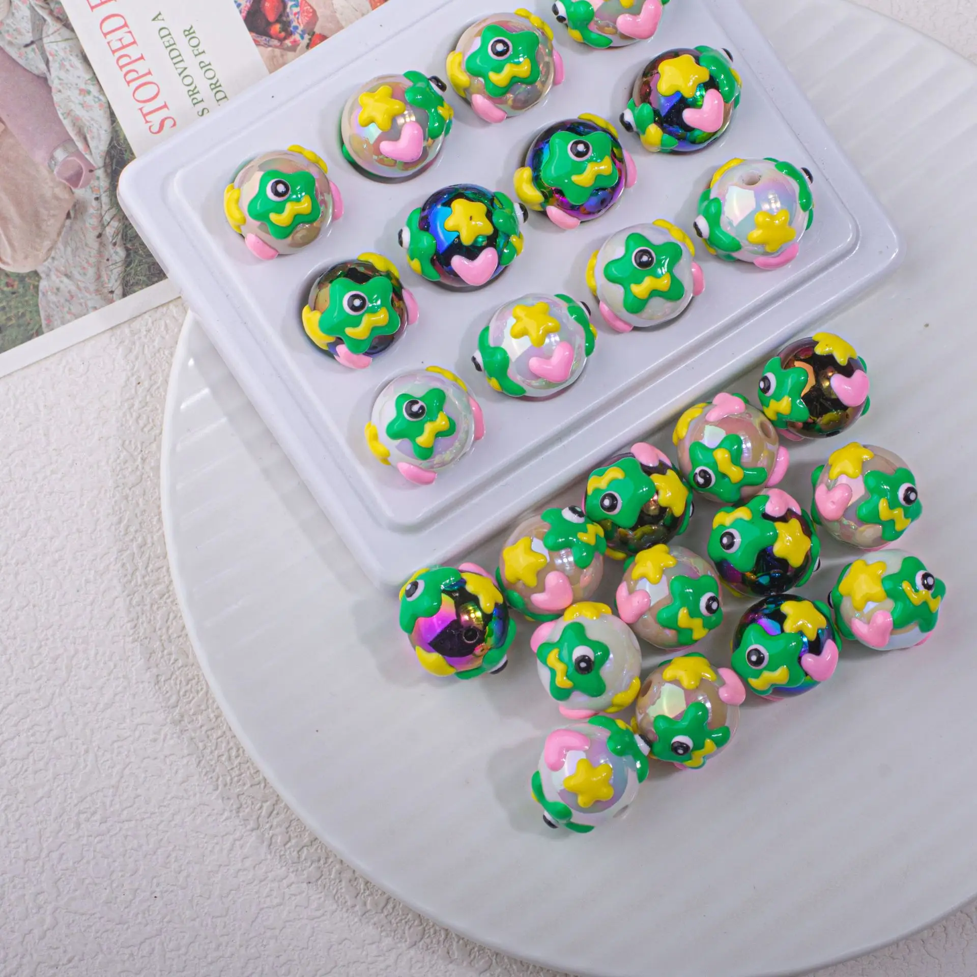 

Newest Cute Jewelry Making Beads Colorful Oil Drop Painting Flowers Stars Round Gumball Bubblegum Necklace Bracelet 40pcs 15.6mm