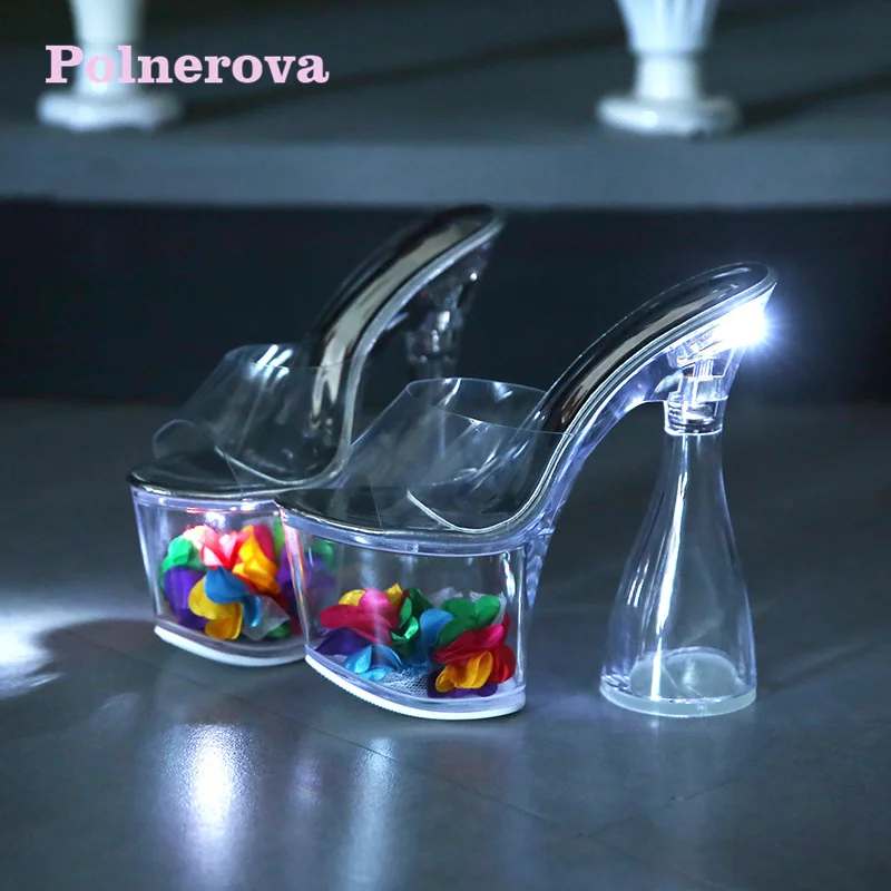 

Luminous Transparent Crystal Shoes Super High Heels Sexy 18Cm Thick Heel Waterproof Platform Fashion Slippers Summer Large Size
