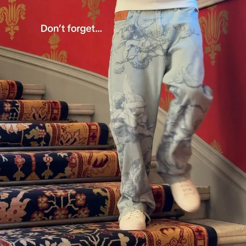 Y2k Retro Baggy Jeans Trendy Cupid Angel Pattern Men Women Pants American Hip Hop Streetwear Unisex Casual Straight Leg Jeans - Image 6