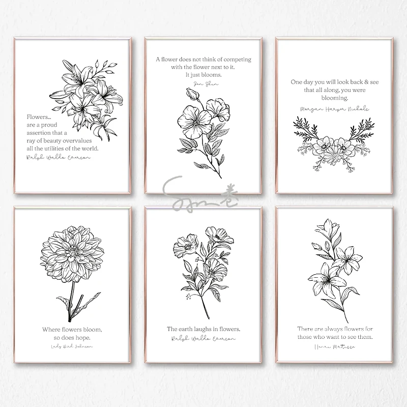 Fiori Astratti Minimalisti Con Lettere Poster Stampa Su Tela Home Room Stampe Minimaliste Decor Modern Room Decor Estetica