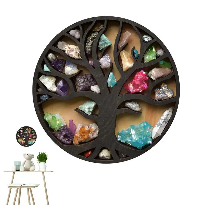 

Tree of Life Shape Crystal Shelf Display Stone Display Rack ound Wood Floating Wall Shelves Crystal Holder for Statuettes