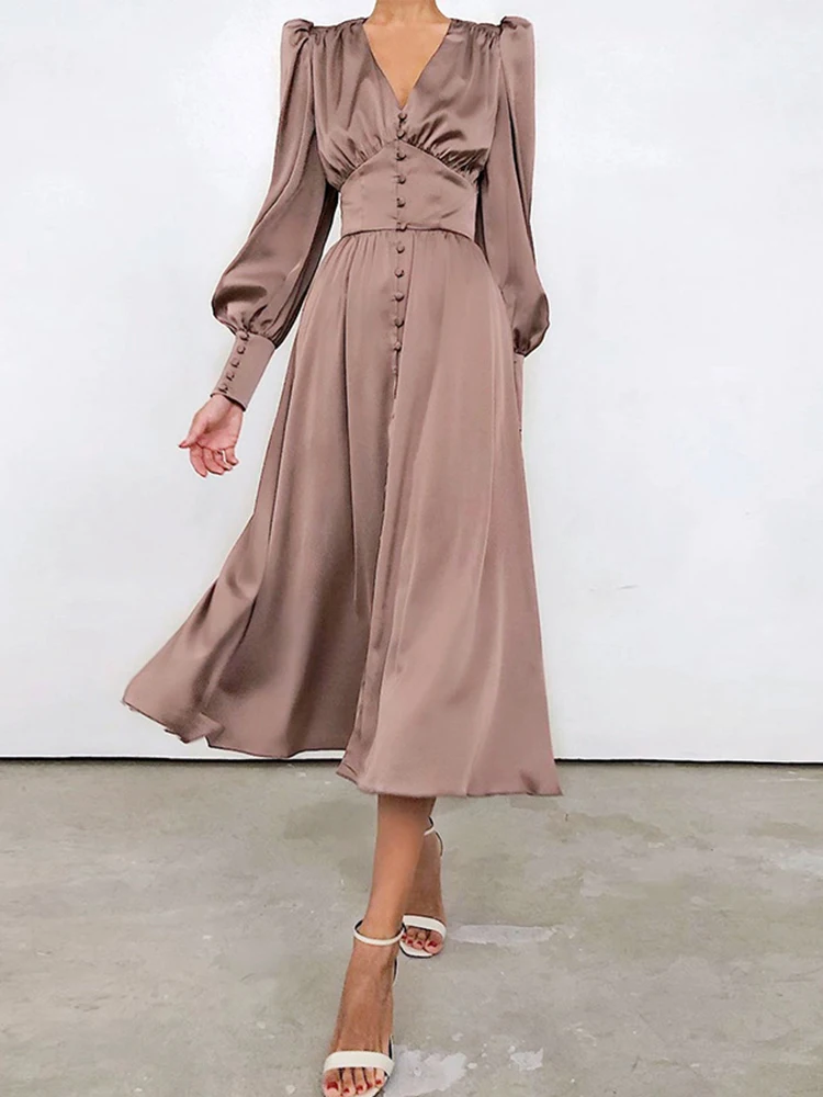 

Clud High Waist Satin Long Dress Elegant V Neck Women Midi Dresses Lantern Sleeve Beige Single Breasted Sexy Women's Clothing