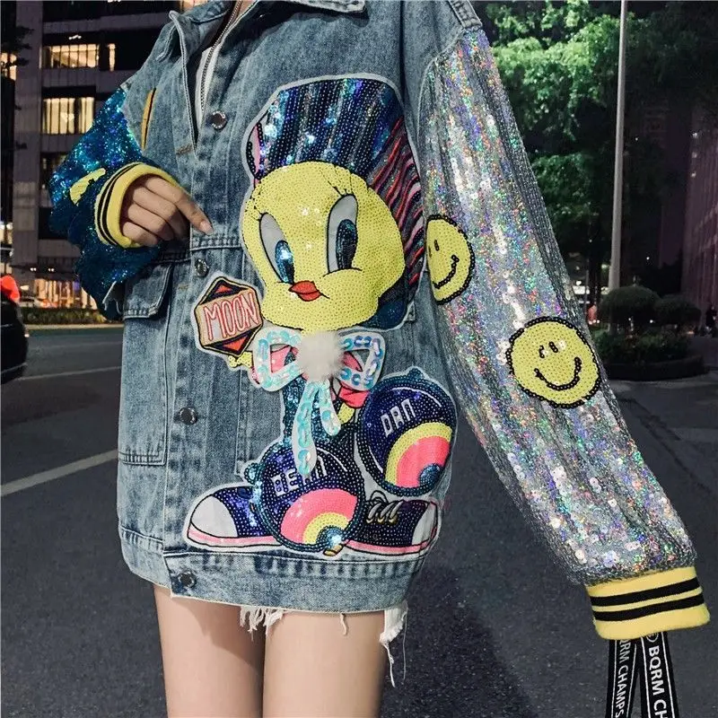 

New Fashion Denim Jackets Women Cartoon Sequin Stitching Embroidery Streetwear Hip Hop Vintage Outerwear Female Jean Coats