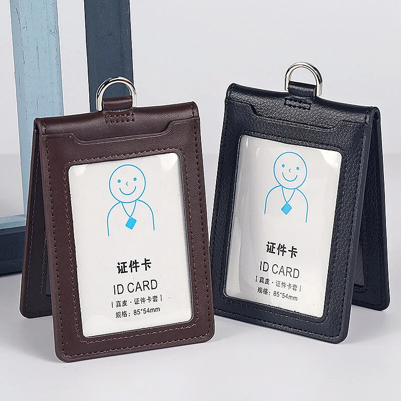 Cowhide ID Card Holder Business Document Case Leather Factory Staff Office Workers Badge Tag Cases with Lanyard Aviation Style