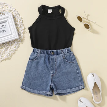 Girls Summer Outfits Set with Sleeveless Tank Tops and Stretch Denim Shorts in Solid Colors for a Casual Look 3