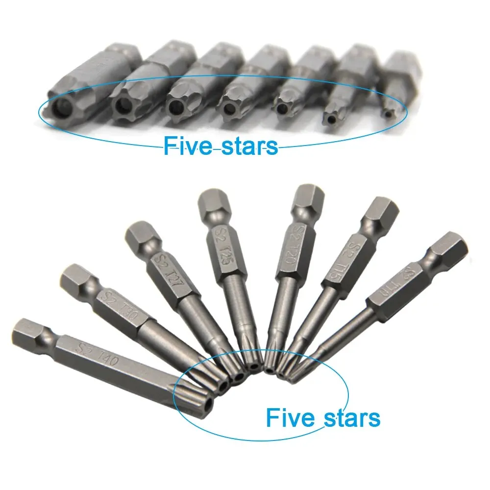 Screwdriver Head Set 7pc Hexagonal Handle Five Star Hollow Screwdriver Head with Hole S2 Magnetic Screwdriver Head T10-T40 Tool Set
