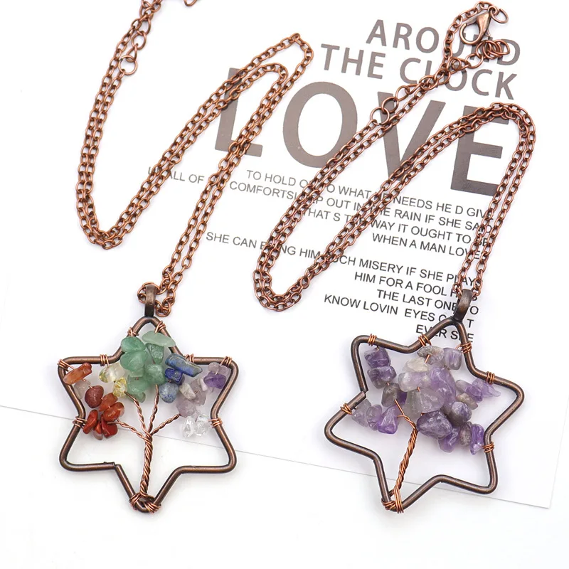 

12pcs/lot Vintage Handmade Hexagram Tree of Life Necklace Natural Stone Healing Energy Jewelry Bulk Items Wholesale For Business