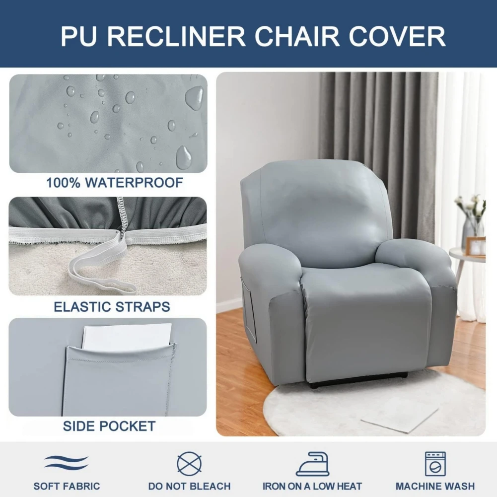 1/2/3 Seat Waterproof Recliner Sofa Cover PU Leather Armchair Cover Solid Color Elastic Relax Single Sofa Slipcovers Home Hotel 4