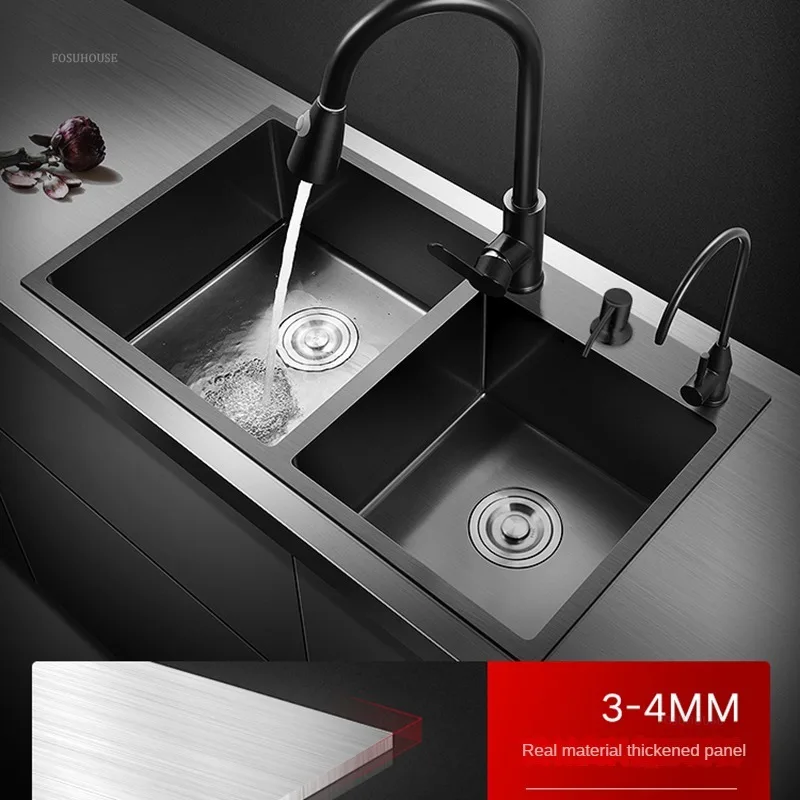 German Double-slot Kitchen Sink for Balcony Black Stainless Steel Large Capacity Sinks Creative Kitchen Sinks for Bar Counter