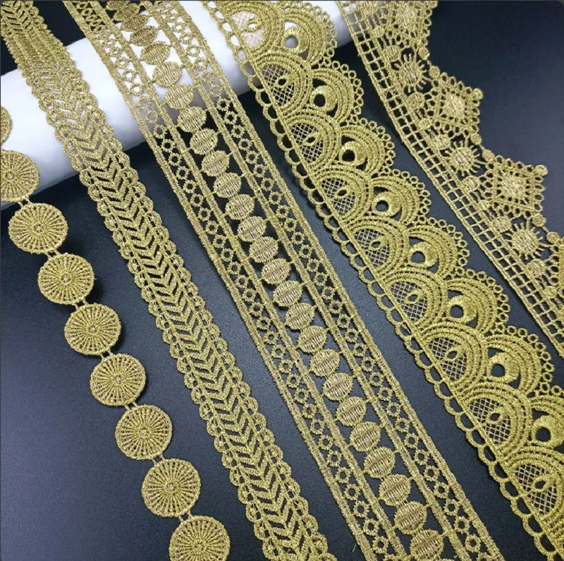 5 Yards hochwertiger hübscher goldener Spitzenbesatz, geflochtener Spitzenstoff, DIY-Kleidungszubehör, Rock, Ausschnitt, Stickerei, Spitzenbesatz – Detail 1