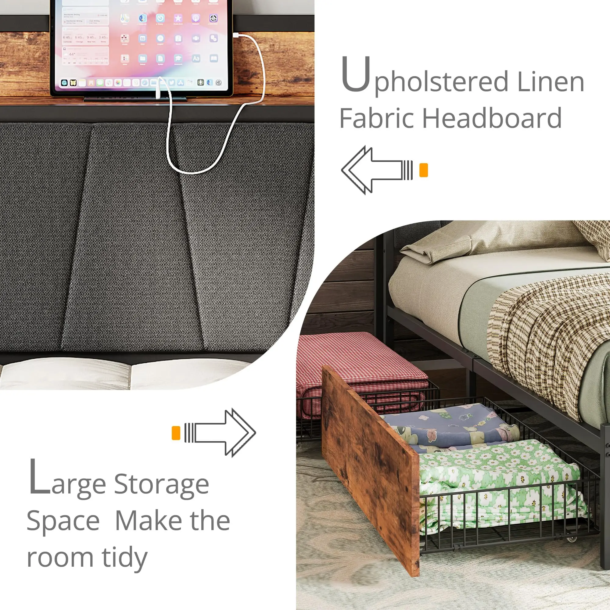 LIKIMIO King Bed Frame with Four Storage Drawers, Platform Bed with Charged Headboard, Sturdy and Stable, No Noise, No Box Sprin