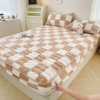 Soft Warm Plush Mattress Protector Cover Winter Couple 2 People Black White Plaid Elastic Fitted Sheet Bed Protection Pad 6