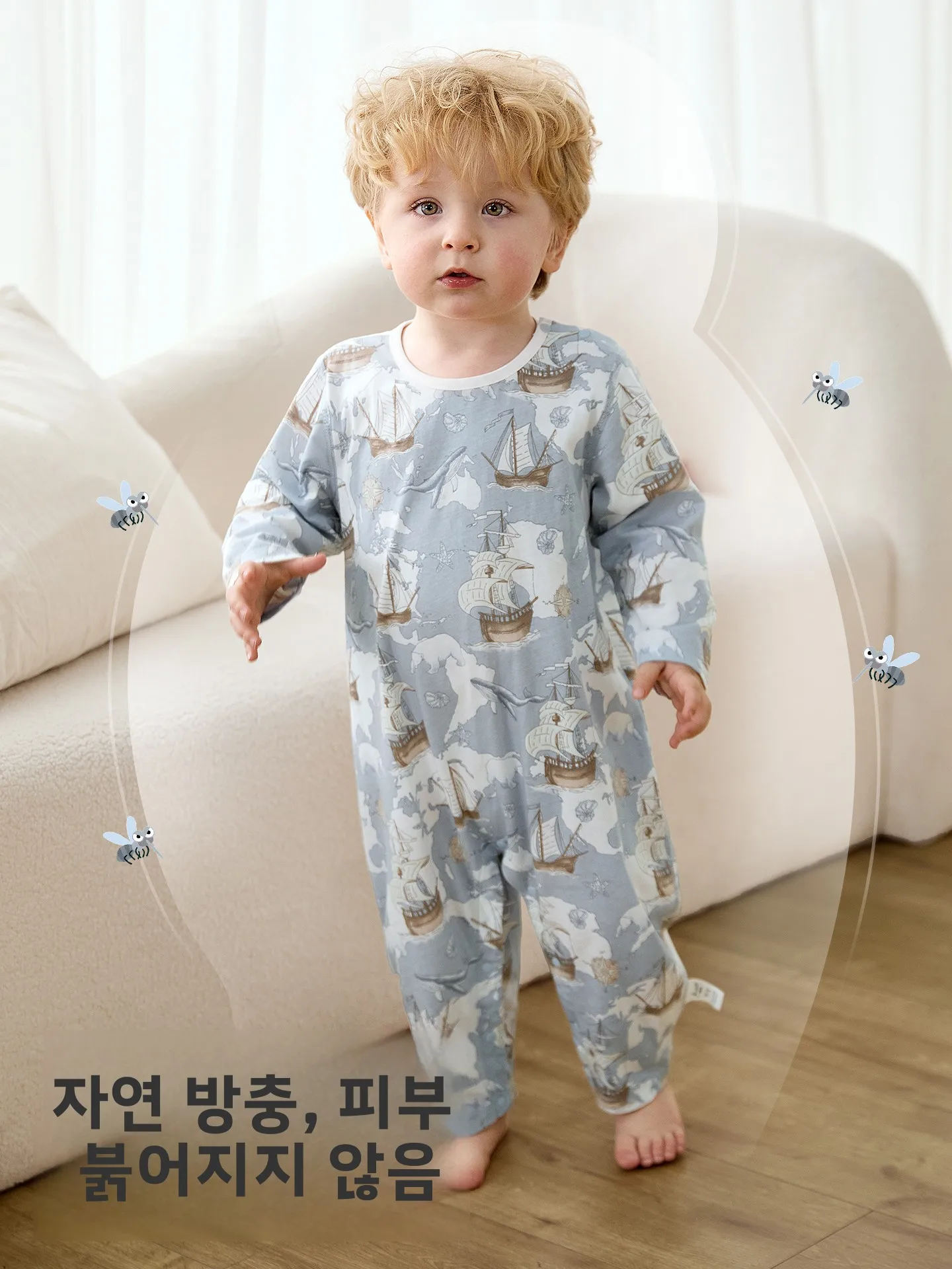 순수 코튼 여름 얇은 긴팔 아동용 롬퍼 잠옷  홈웨어 유니섹스 통기성 수분 흡수 키즈 의류