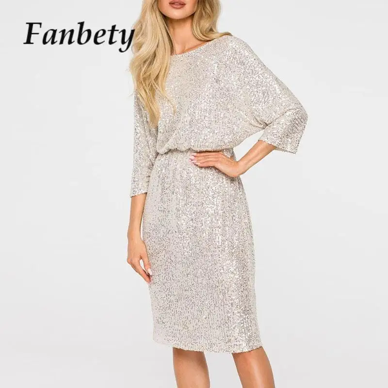 

Elegant 3/4 Sleeve Sequins Party Dress Fashion Lady Bodycon Shinny Long Dress Banquet Women Waist Crew Neck Party Dresses 2024