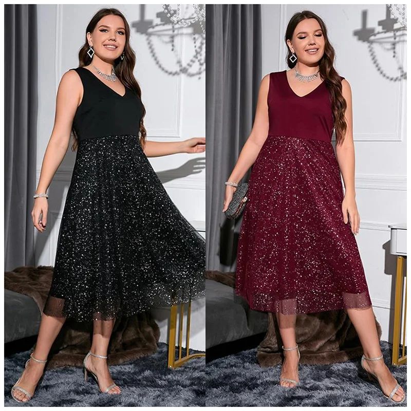 Plus Size Dresses for Women Summer Loose Dress Sleeveless Party Dress Bright Silk Diamond Fashion V-neck Women Classic Clothes