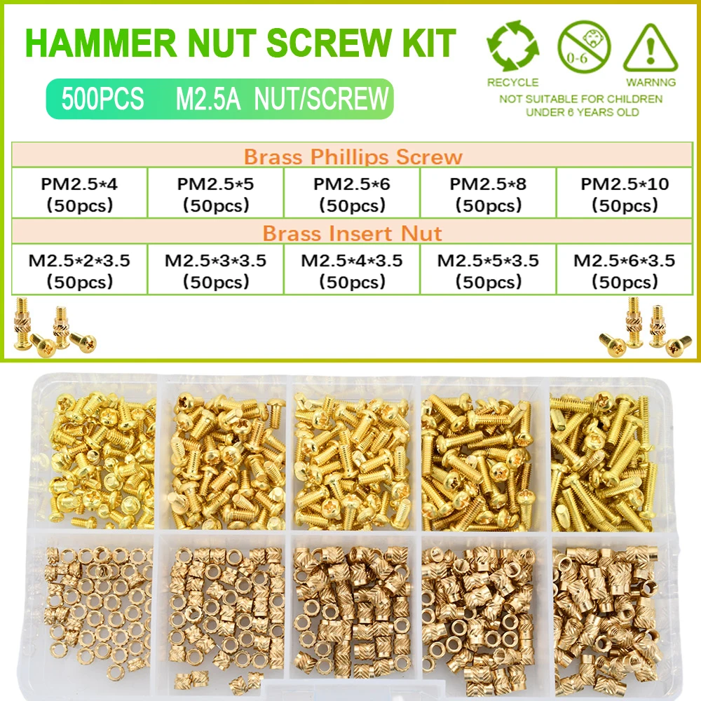Description Picture 5 of itemM2 M2.5 M3 M4 M5 Brass Heat Thread Insert Nut and Phillips Cross Round Head Screw Set Knurled Hot Melt Inject Nuts and Bolts Set