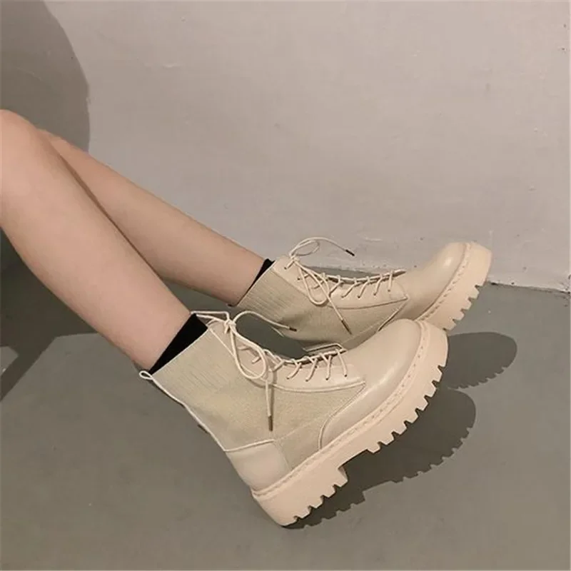 여성용 가을 오토바이 앵클 부츠, 두꺼운 힐, 플랫 앵클 신발, 여성용 슬립 온 라운드 토, 패션 부츠, 사이즈 34, 41