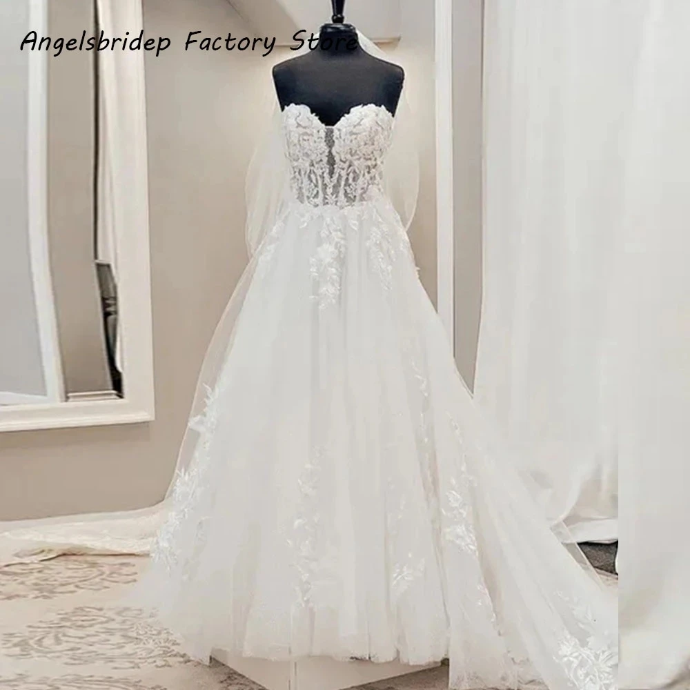 

ANGELSBRIDEP Beach Wedding Dress Embroidered Lace Glitter With Train A Line Floor Length Simple Bride Gowns Vestido De Novia