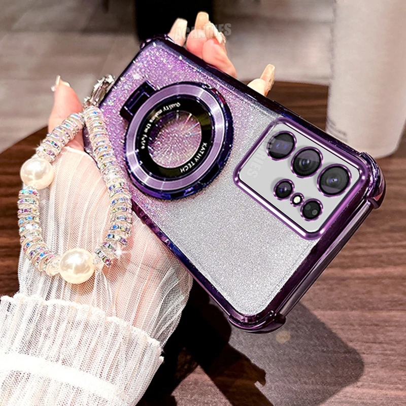 Elegant Ring Holder Silicone Case with Lanyard Chain - Shockproof Stand Cover