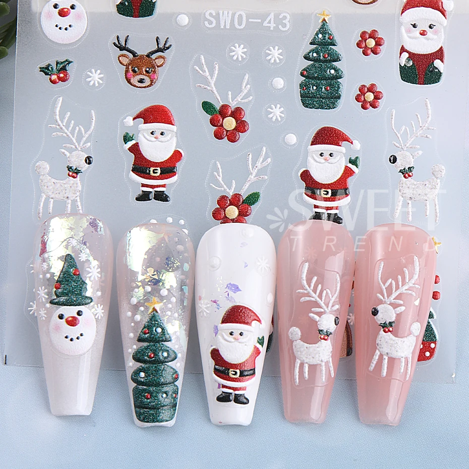 2/3pcs Christmas Embossed Nail Stickers Snowman Gingerbread Man Snowflake Gloves Nail Decals Winter DIY Nail Supplies Decoration