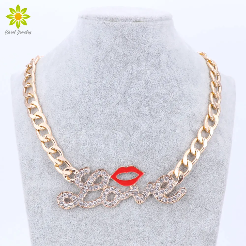 Fashion Red Sexy Lip And Enameled Rhinestone Alphabet &quotLOVE&quot Gold Chain Necklace | Украшения и аксессуары