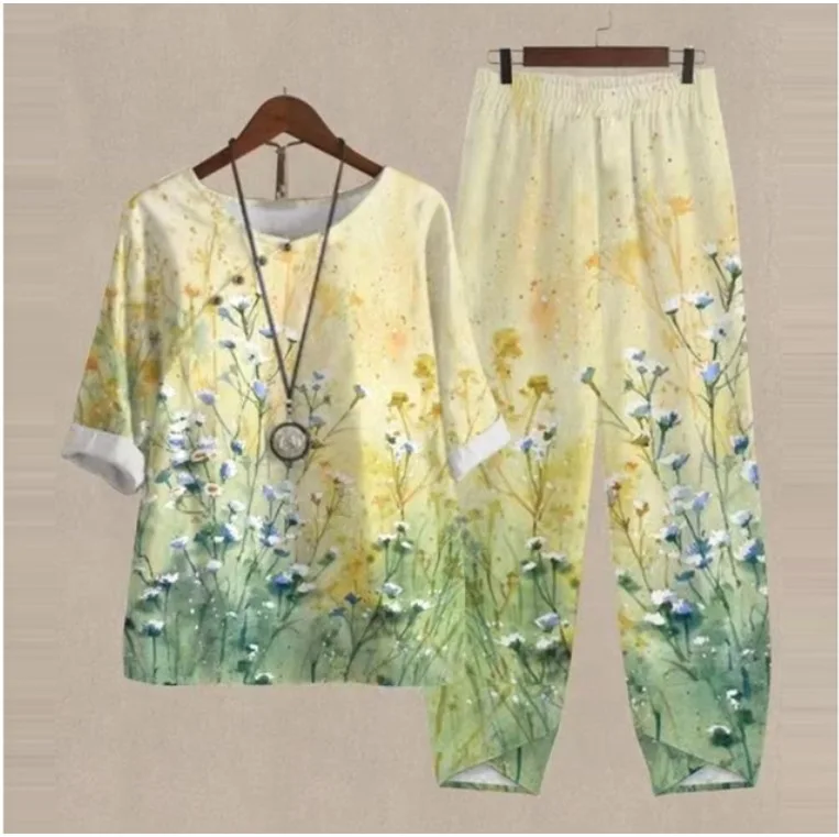 Women's casual printed two-piece set with O-neck pullover top and matching long pants for summer holidays and everyday wear. yellow