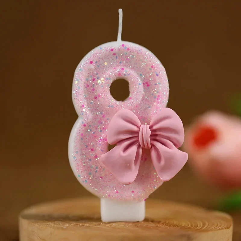 Fliege, Zahlenkuchen, Kerze, rosa Glitzer, Geburtstagskerze, 1, 2, 3, 4, 5, 6, 7, 8, 9, 3D-Zahlenkerze, Kuchendekoration, Geburtstagsparty, Kuchendekoration – Detail 3